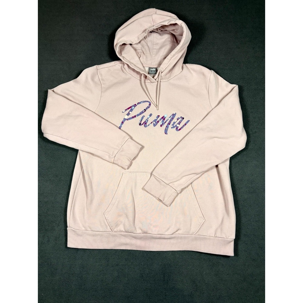 Puma Essentials Hoodie Womens‎ XL Misty Pink Sparkle Graphic Fleece Lined Cotton